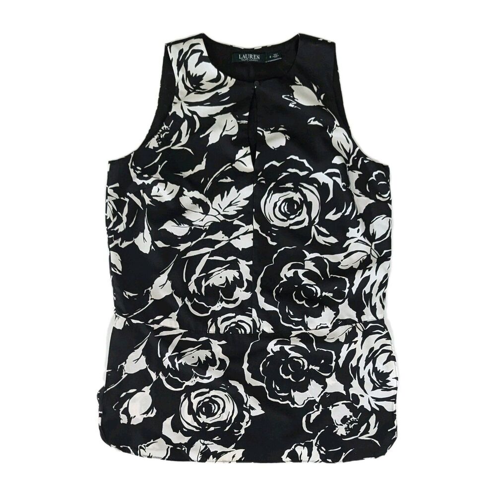 Lauren Ralph Lauren Sleeveless Flowy Floral Shirt Women's 2 Black White